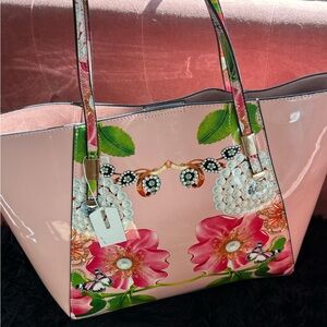 Pink Floral Patent Tote Bag with Pearl and Jewel Accent